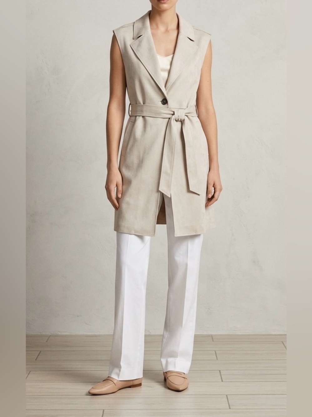 Zara Cream Faux Suede Long Belted Vest Sleeveless Trench Duster Size S